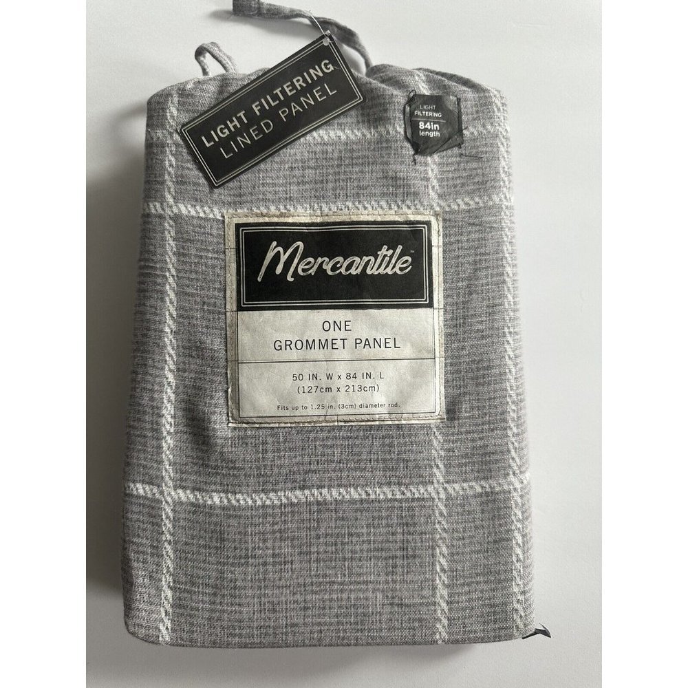 mercantile one grommet panel Gray Plaid 50” W X 84L  One Panel Only Light Filter